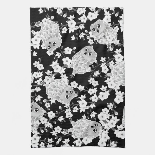Cute Owl Pattern Black And White Tea Towel (Vertical)