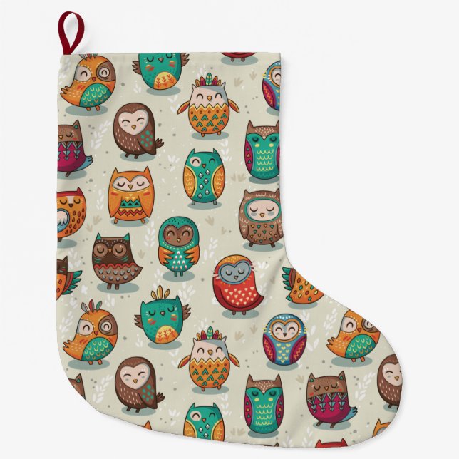 Cute Owl Pattern Large Christmas Stocking (Front)