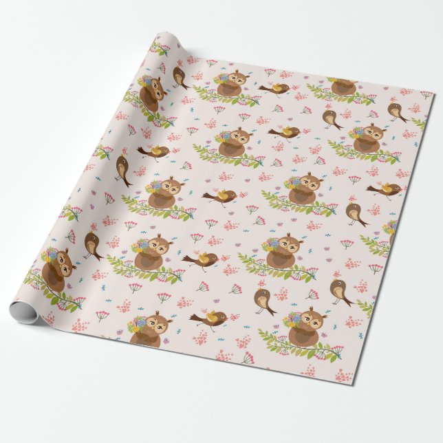 Cute Owl Pattern Wrapping Paper (Unrolled)