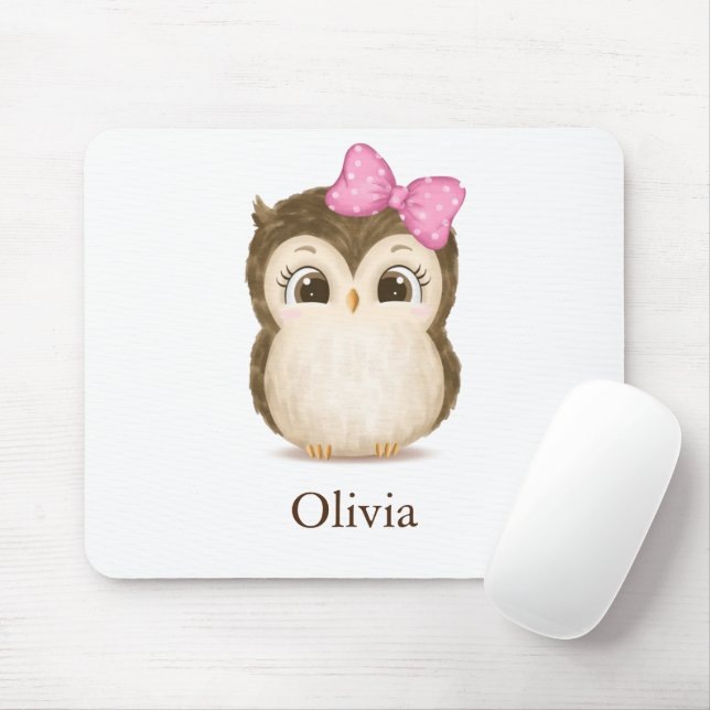 Cute Owl Pink Bow Girly Watercolor Name Mouse Mat (With Mouse)