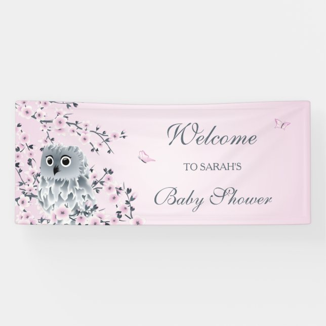 Cute Owl Pink Cherry Blossom Custom Baby Shower Banner (Horizontal)