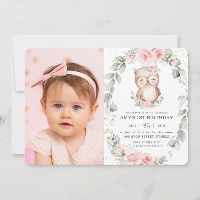 Cute Owl Pink Floral Greenery Birthday Photo Invitation (Front)