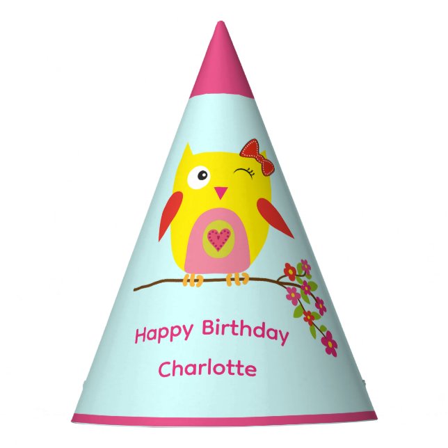 Cute Owl Pink Flowers Kids Personalised Birthday Party Hat (Front)