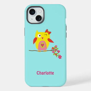 Cute Owl Pink Flowers Kids Personalised Name iPhone 15 Plus Case