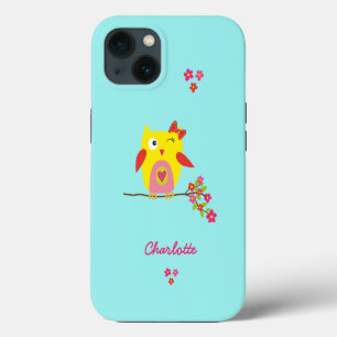 Cute Owl Pink Flowers Kids Personalised Name iPhone 13 Case