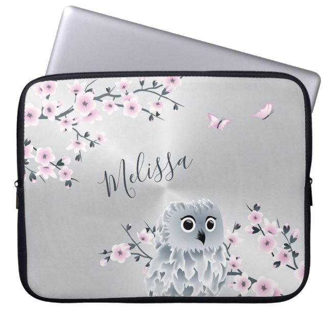 Cute Owl Pink Girly Monogram Laptop Sleeve (Front)