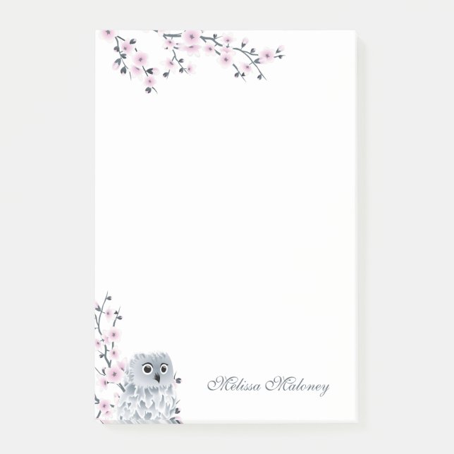 Cute Owl Pink Grey  Monogram Post-it Notes (Front)