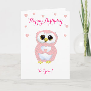 Cute Owl, Pink Hearts & Birthday Wishes on White Card