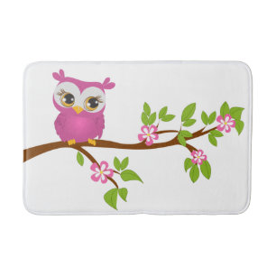 Cute Owl Pink on a Branch Bath Mat