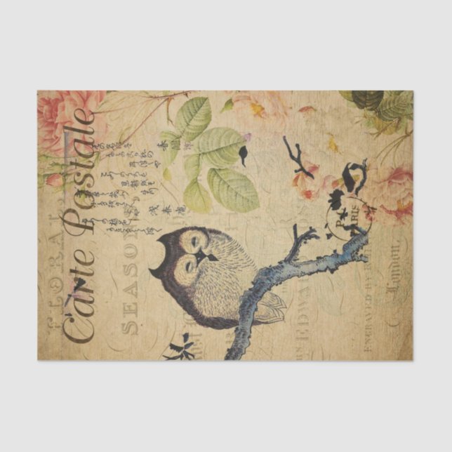 Cute Owl Pink Roses French Ephemera Decoupage  Tis Tissue Paper (Front)
