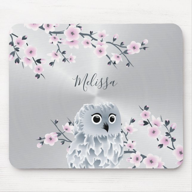 Cute Owl Pink Silver Monogram Mouse Pad (Front)