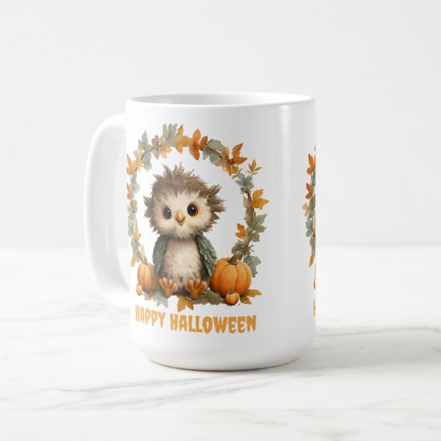 Cute Owl Pumpkin Happy Halloween Design Coffee Mug (Front Left)