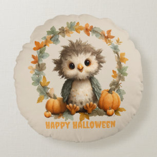 Cute Owl Pumpkin Happy Halloween Design Round Cushion