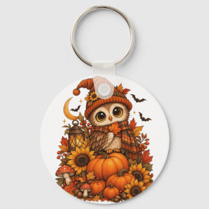Cute Owl Pumpkin Sunflower Cosy Fall Autumn Design Key Ring