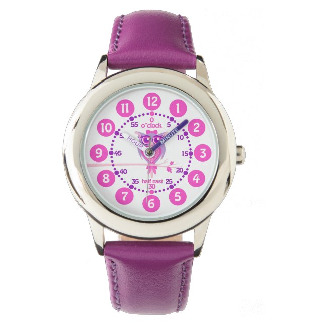 Cute owl purple and pink numbered wrist watch (Front)