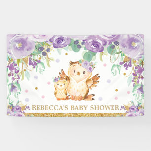 Cute Owl Purple Floral Baby Shower Backdrop Banner