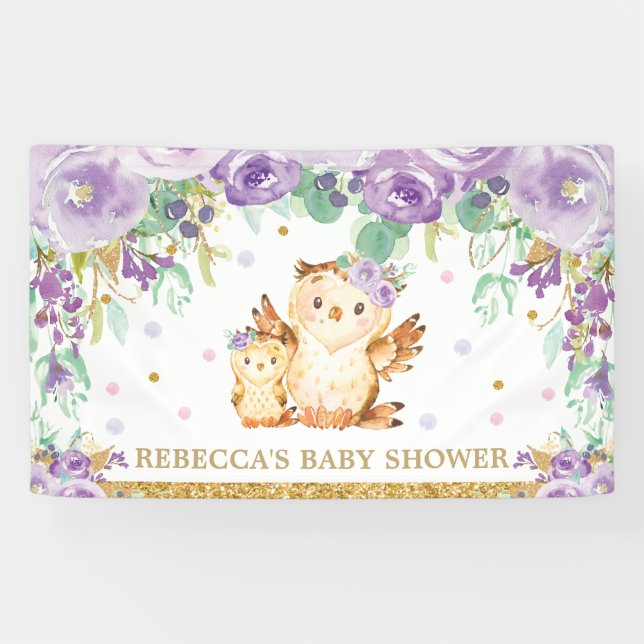 Cute Owl Purple Floral Baby Shower Backdrop Banner (Horizontal)