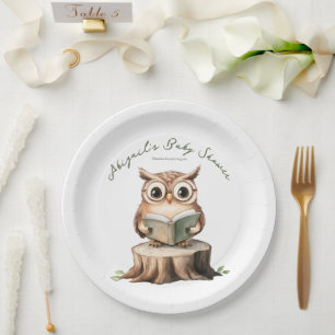 Cute Owl Reading a Book Baby Shower Paper Plate