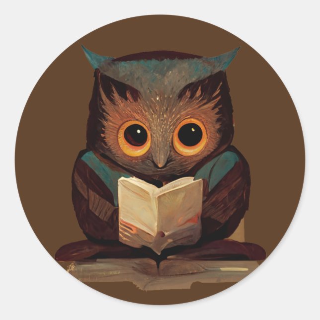 Cute Owl Reading a Book Classic Round Sticker (Front)