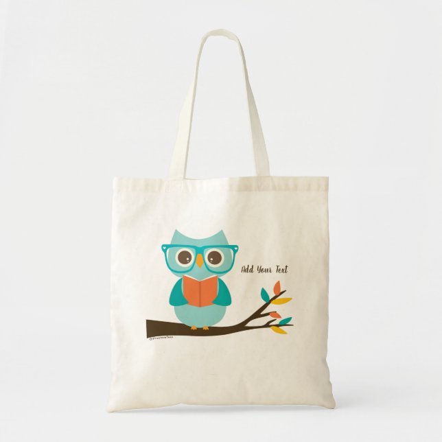 Cute Owl Reading Personalised Colourful Turquoise Tote Bag (Front)