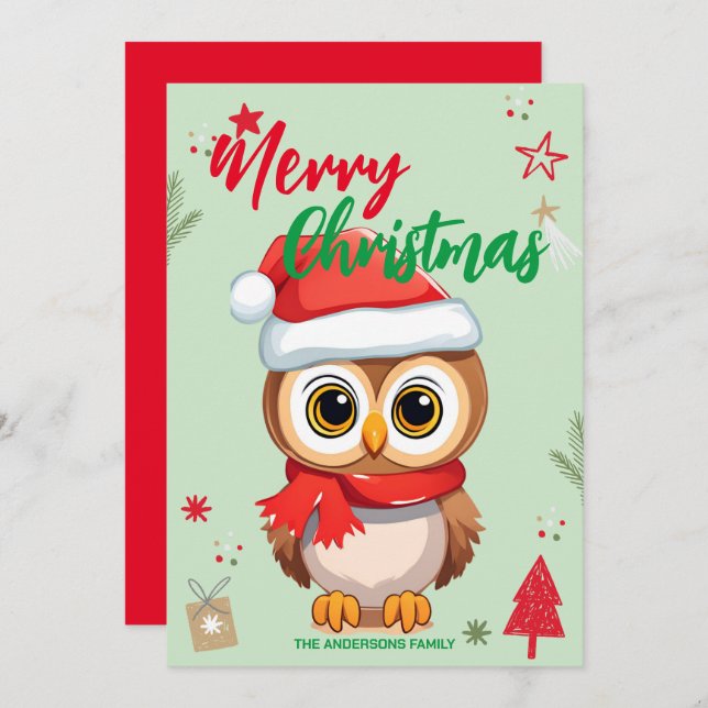 Cute Owl santa Christmas Holiday Family name kids (Front/Back)