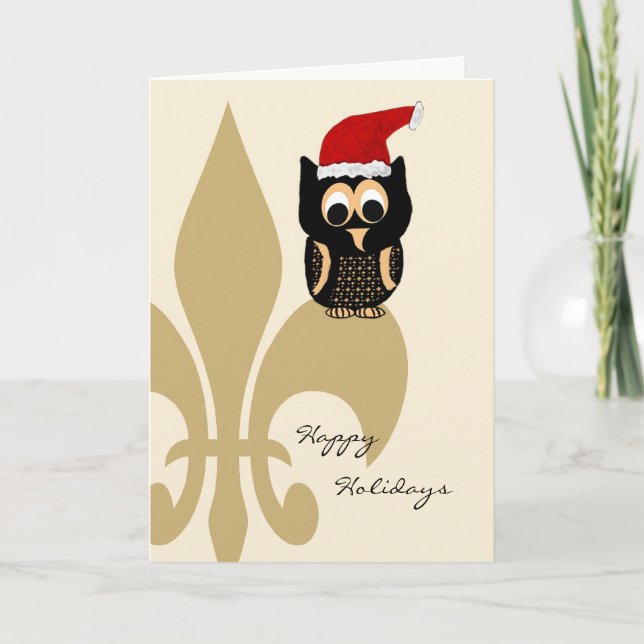 Cute Owl Santa Fleur de Lis Christmas Holiday Card (Front)