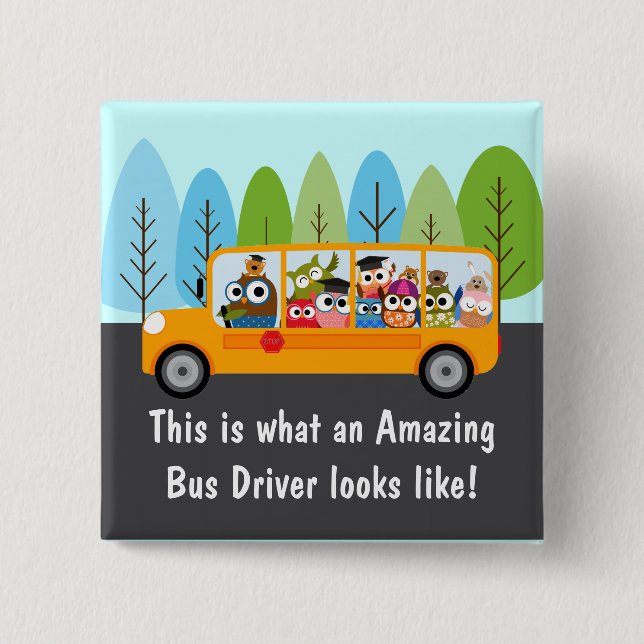 Cute Owl School Bus Driver 15 Cm Square Badge (Front)