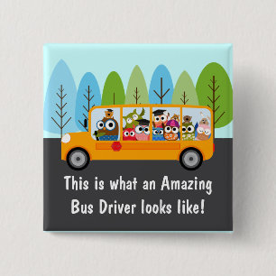 Cute Owl School Bus Driver 15 Cm Square Badge
