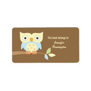 Cute owl sitting on branch bookplate labels