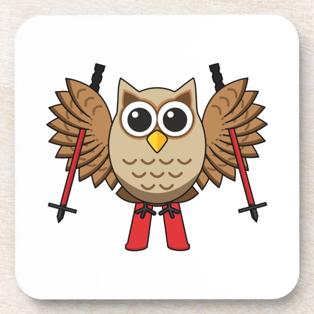 Cute Owl Skiing Cartoon Coaster (Front)