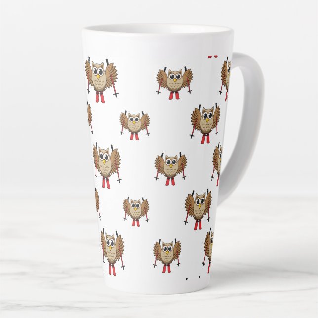 Cute Owl Skiing Cartoon Latte Mug (Right Angle)