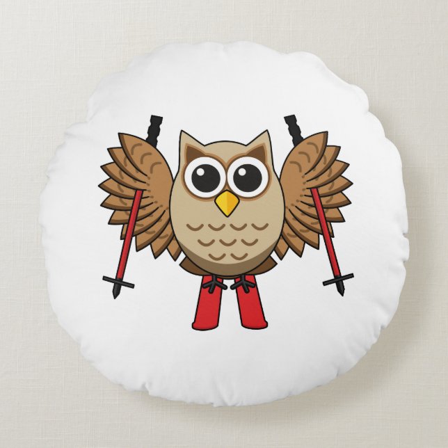 Cute Owl Skiing Cartoon Round Cushion (Front)