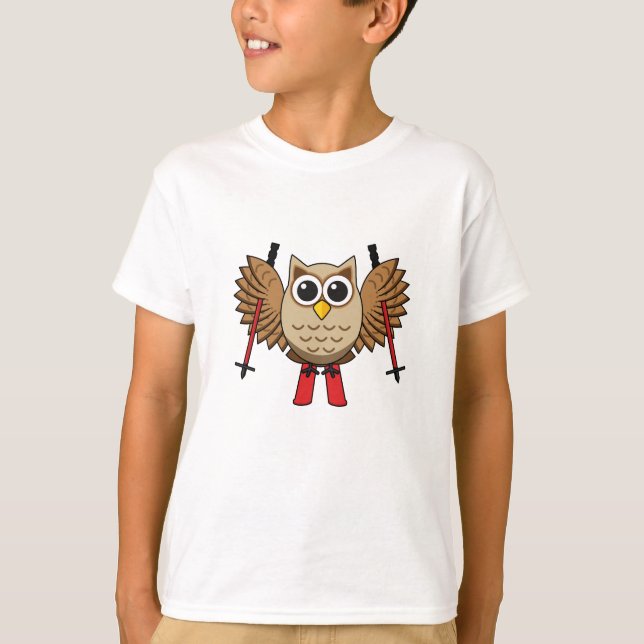 Cute Owl Skiing Cartoon T-Shirt (Front)