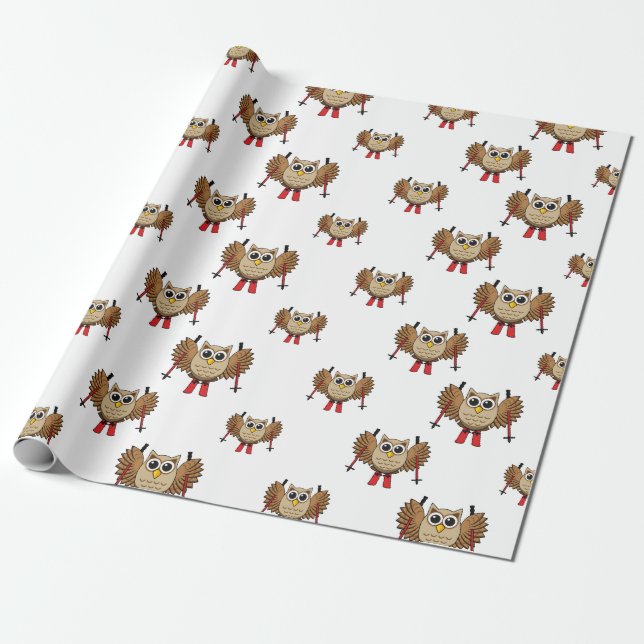 Cute Owl Skiing Cartoon Wrapping Paper (Unrolled)