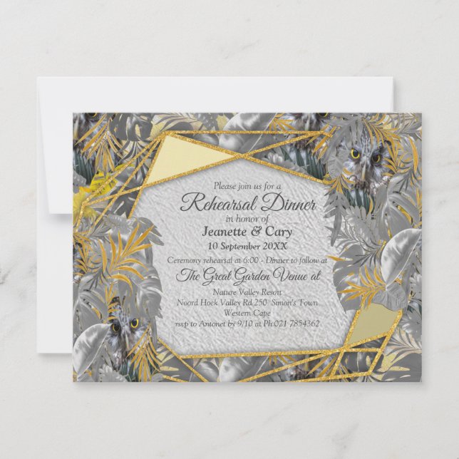 Cute owl - sparkling eyes & Grey yellow leaves Invitation (Front)