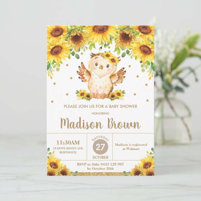 Cute Owl Sunflower Floral Baby Shower Girl  Invitation (Standing Front)