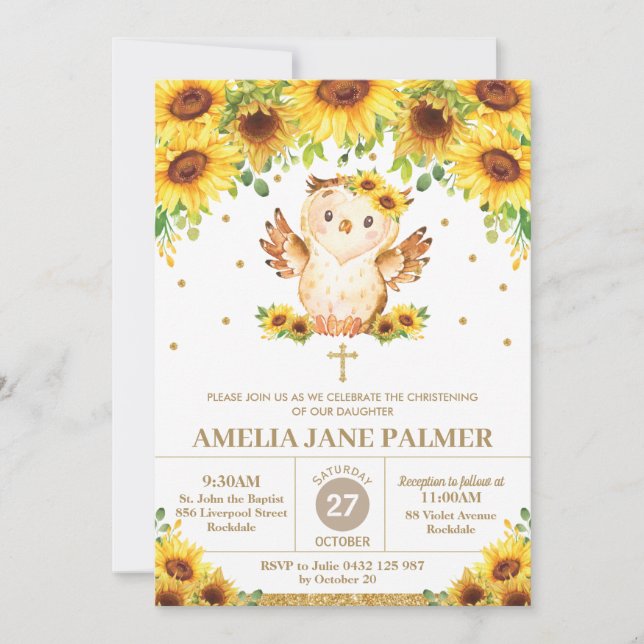 Cute Owl Sunflower Floral Christening Baptism Girl Invitation (Front)