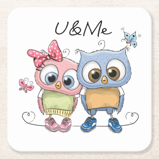 Cute Owl "U & Me" Coasters - Whimsical Cartoon (Front)