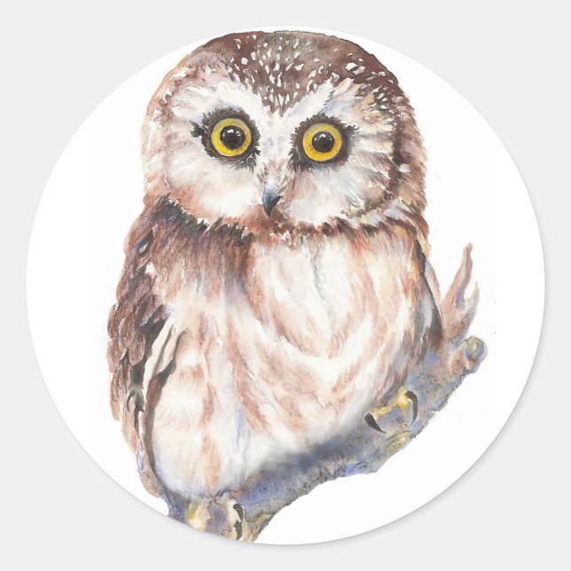 Cute Owl ,Watercolor Bird Nature, Classic Round Sticker (Front)