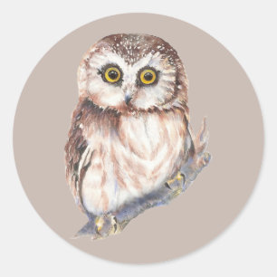 Cute Owl ,Watercolor Bird Nature, Classic Round Sticker