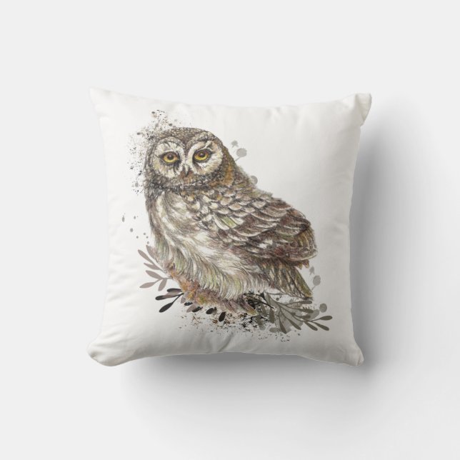 Cute Owl ,Watercolor Bird Nature  Cushion (Front)