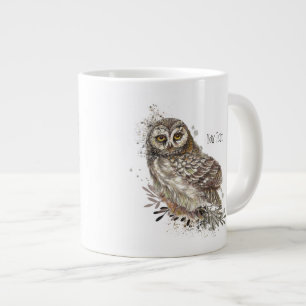 Cute Owl ,Watercolor Bird Nature Custom Text  Large Coffee Mug