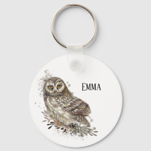 Cute Owl ,Watercolor Bird Nature Keychain