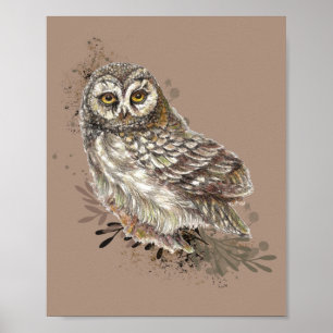 Cute Owl ,Watercolor Bird Nature Taupe Poster