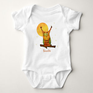 Cute Owl Watercolor Style Name Birth Date on Back Baby Bodysuit