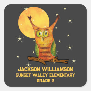 Cute Owl Watercolor Style School Name Year Square Sticker