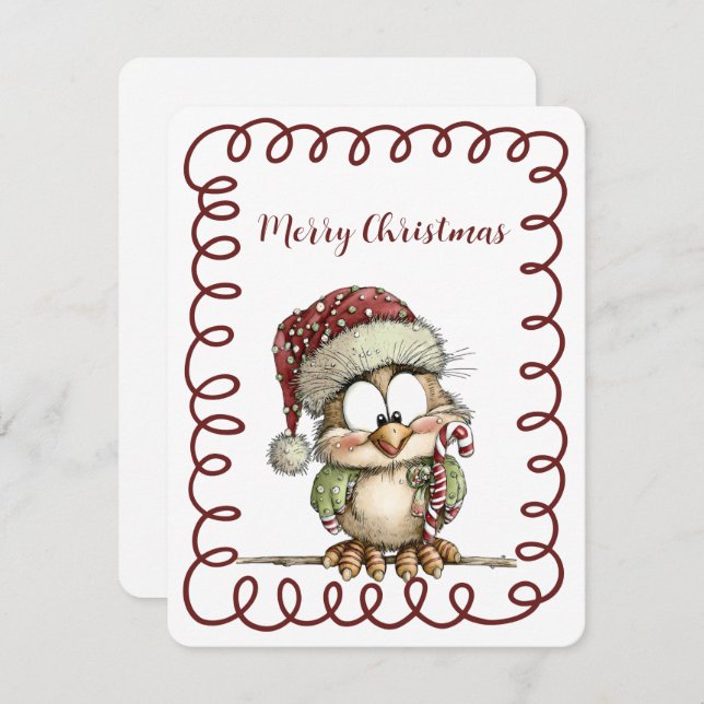 Cute Owl Wearing Santa Hat Holding Candy Cane Holiday Card (Front/Back)