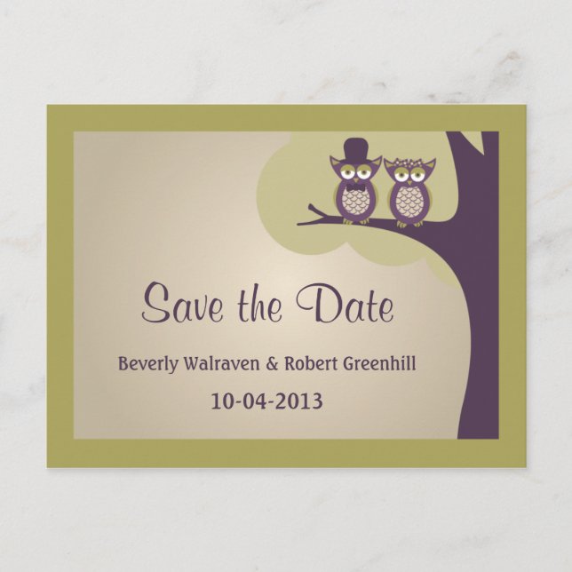 Cute Owl Wedding Save the Date Postcards (Front)