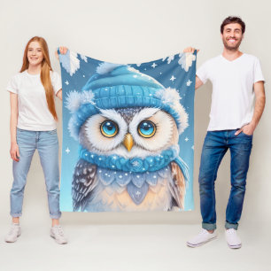 Cute owl with a blue hat illustration fleece blanket