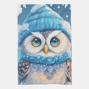 Cute owl with a blue hat illustration tea towel